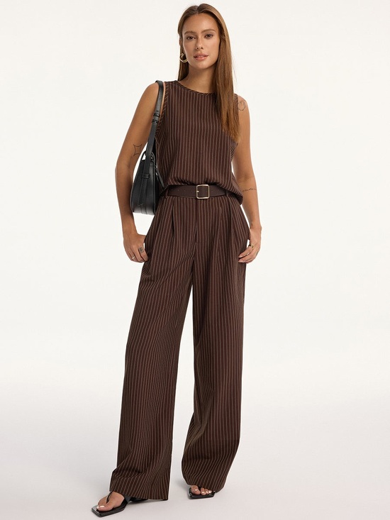 Commense Pants - Commense Brown Pinstripe Wide-Leg Jumpsuit
